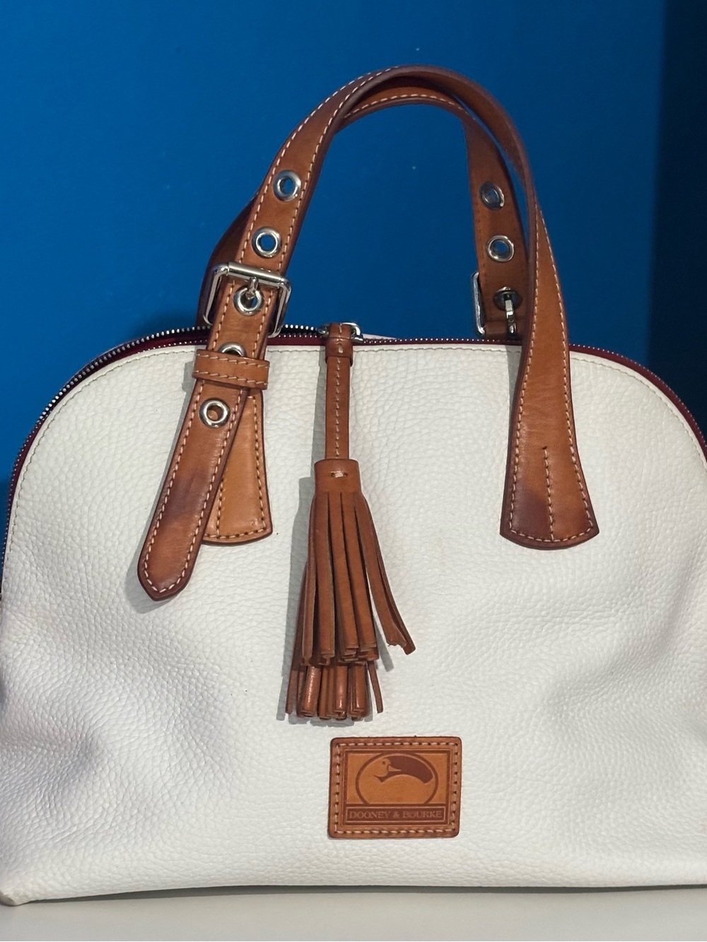 Dooney & Bourke Cream Pebbled Leather Satchel with Brown Trim